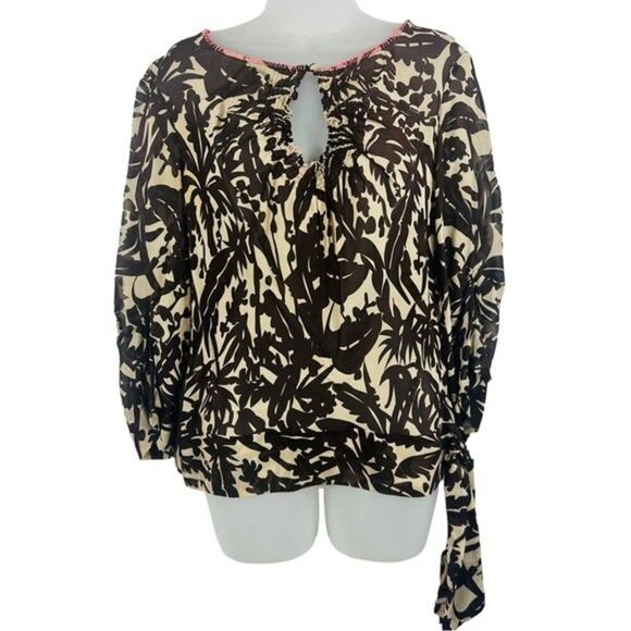 Bcbgmaxazria Brown And Cream Silk Side Tie Peasant Blouse Sz. S - Picture 2 of 9